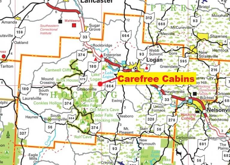 Map of Carefree Cabins in Hocking Hills